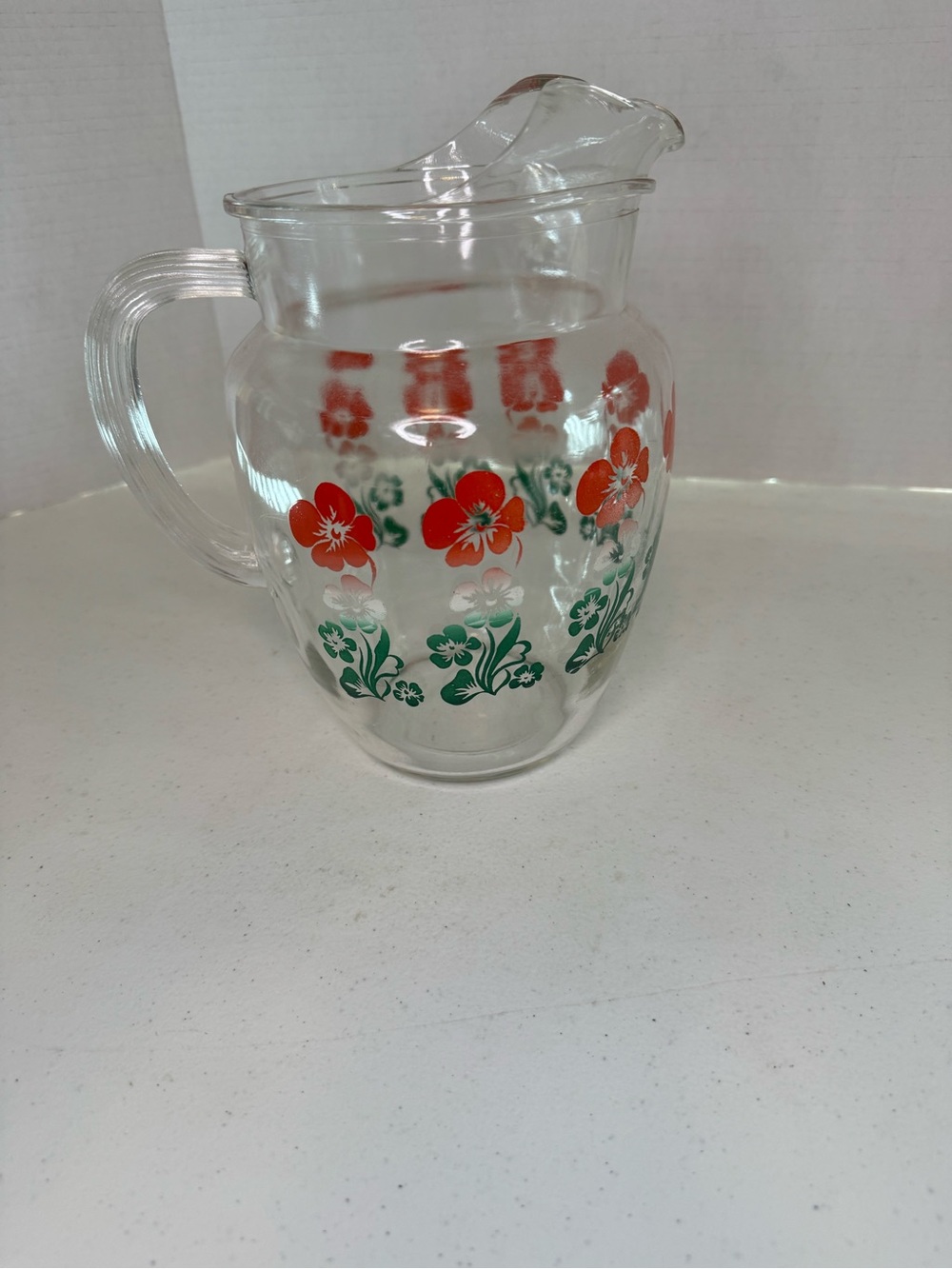 VTG Anchor Hocking Pitcher Ice Lip With Red Flowers